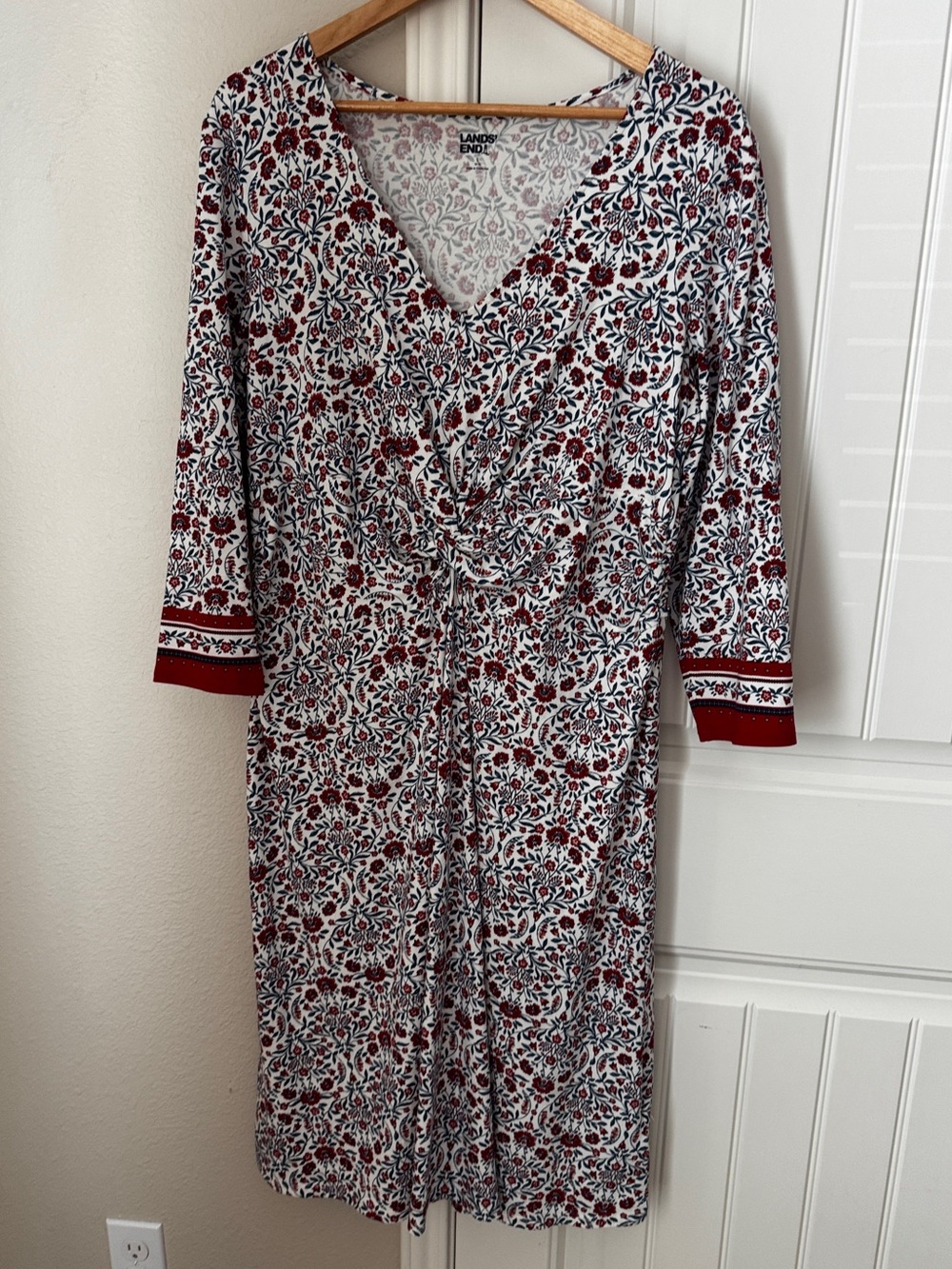 Lands’ End Floral Dress Womens Large L 14 16 Red Blue Ruched V Neck 3/4 Sleeve